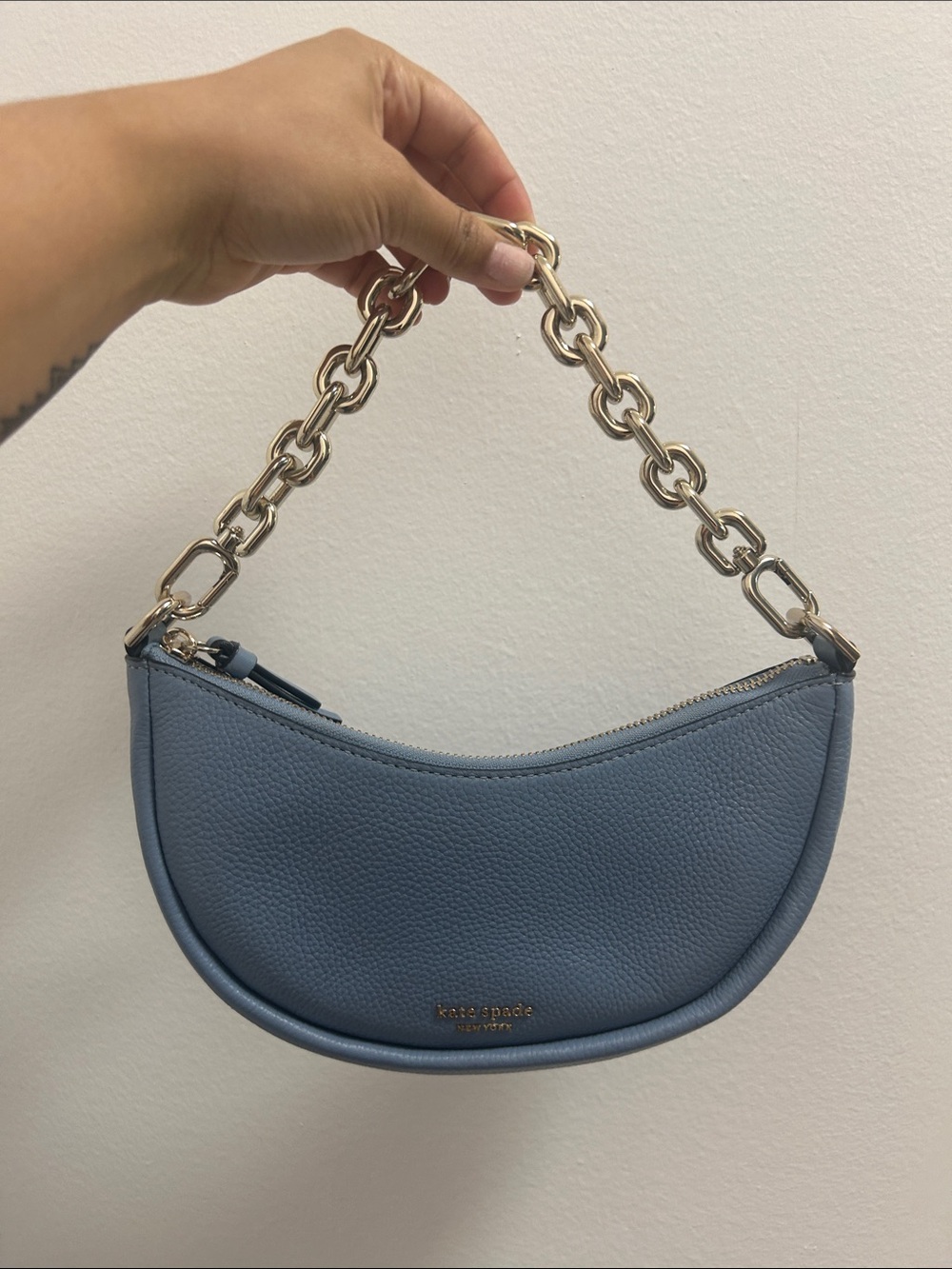 kate spade Dusty Blue Crescent Mini Bag with Gold Chain